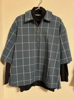 【美品】GU フェードハーフジップシャツ ネイビー×ホワイト チェック S
