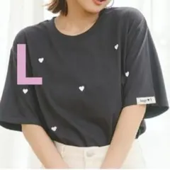 辻希美　ハート総柄　Tシャツ　刺繍　ダークグレー　L