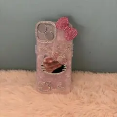 キティちゃん ストーンiPhone15装飾ケース　鏡付き　ピンク