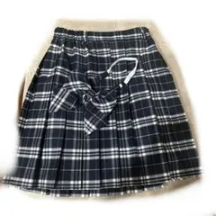 150cm ネイビー系チェック プリーツスカート リボン付き