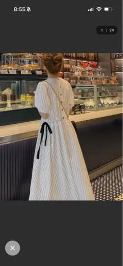 ストライプ柄 半袖ロングシャツワンピース