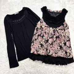 【2点セット】axes femme 華やか花柄チュニック＆襟レースカットソー M