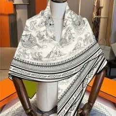 ホワイト海洋柄大判ストール ショール カシミアシルク