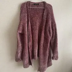 リブ編みパープル系長袖モールニットカーディガン