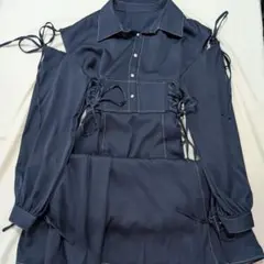 mily bilet 肩あきリボン使いステッチ配色ワンピース