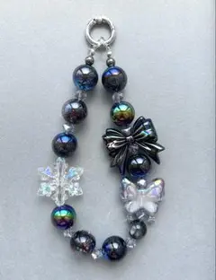 ビーズストラップ　黒　リボン　レジン