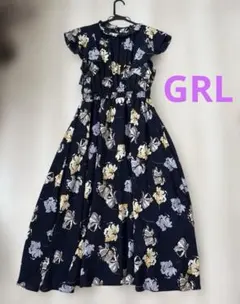 GRL ネイビー 花柄 フリル袖 ワンピース