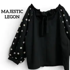 マジェスティックレゴン デイジー刺繍 シアー袖 ブラウス カットソー 黒 M