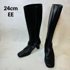 【訳あり】本革 ロングブーツ 黒 スクエアトゥ ヒール 24EE