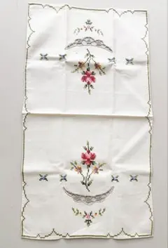 アンティーク 刺繍クロス 花柄 手刺繍 テーブルランナー 約49×27cm
