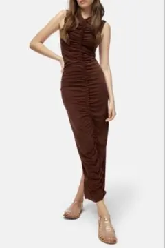 新品未使用 ZARA フリル ギャザー ミディドレス ワンピース　ブラウン