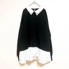 チコ　ニット　長袖　F ブラック　襟　ビジュー　厚手　重ね着風　カジュアル　秋冬