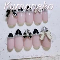 ツイードネイルチップ　No.2 ピンク　リボン　黒　パール