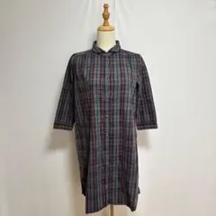 je fais タータンチェック 丸襟シャツワンピース フロントボタングレー×赤