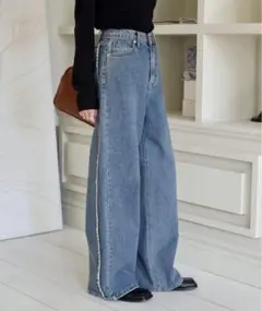 【UNE MANSION】サイドフリンジストレートデニムワイドパンツ