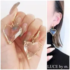 1054 大ぶり お洒落 クリアハート キラキラ キャッチレスフープピアス