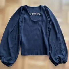 グレイル　異素材切替パフスリーブニット　トップス　チェーンデザイン　黒　M