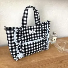 サイドフリル帆布トートバッグ　Mサイズ　【ギンガムチェック×ブラック】
