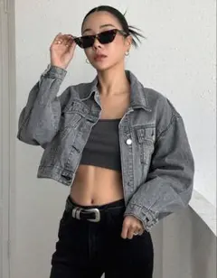 SHEIN クロップド丈 デニムジャケット グレー
