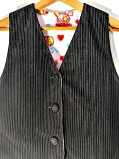 ベスト　ジレ 　前ボタン　縦ストライプ柄　裏地ピンク　フリース　Vネック　古着