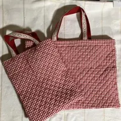 赤と白のチェック柄キルティングバッグ2点セット