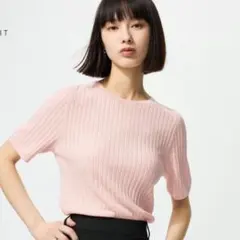 UNIQLO ピンク リブ編み 半袖ニット Mサイズ