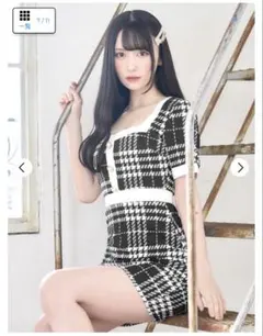 ブラック・ホワイトチェック柄ドレス LL