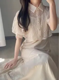 花柄レースショート丈ブラウスXマーメイドキャミワンピースセットアップ