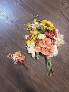 造花ブーケ ブートニアセット オレンジ