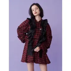 jouetie フリルショルダーバルーンミニワンピース 赤チェック　ジュエティ