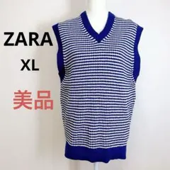 美品 ZARA ボーダー柄 コットン ニットベスト XL
