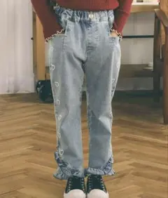 【SLAP SLIP】らくのび裾フリルハートプリントストレッチデニムパンツ