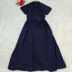 新品 GU ジーユー バンドカラー ロング シャツワンピース ネイビー