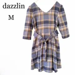 【ダズリン】ワンピース M 膝丈ワンピース　チェック柄 ベルト付　Vネック　上品