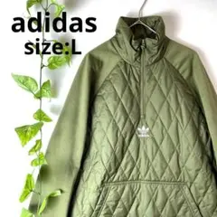 極美品/アディダス キルティング アノラックジャケット センターロゴ 切替カーキ