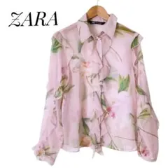 ザラ　ブラウス　XS　ピンク　花柄　フリル　シースルー　エレガント　フェミニン