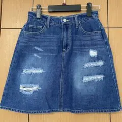 デニムブルー ダメージ加工 スカート