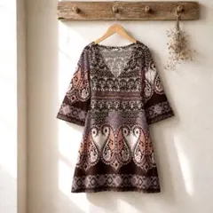 PALME 総柄ワンピース S/M ペイズリー エスニック Vネック　個性的