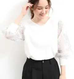 VIS 　袖シアーレース　7分袖　Vネックプルオーバー