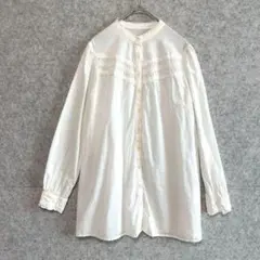 【美品】アースミュージック バンドカラー レース使い チュニック ブラウス F