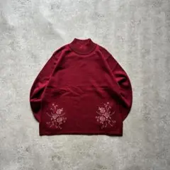 ハイネック ニット セーター 刺繍 花柄 毛混 バーガンディ 昭和レトロ 古着