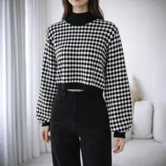 クロップド丈 ニット【大人可愛い】千鳥柄 S モックネック