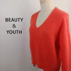 BEAUTY&YOUTH　 Vネック　ニット　オレンジ　ラクーンドッグ混紡混