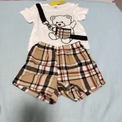 クマ Tシャツ チェック柄ショートパンツ セット