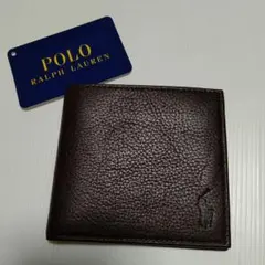 未使用POLO ラルフローレン 牛革シボ 二つ折り 札入れ財布 ダークブラウンB