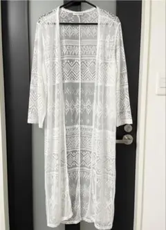 【美品】レースロングカーディガン 透け感 ボヘミアン 幾何学模様 M 夏羽織り