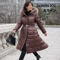 【美品】ダウンコート ブラウン fox 90% Lサイズ Aライン ベルト