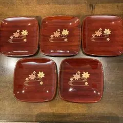 5枚セット 木目調 銘々皿 小皿 菓子皿 紅葉 桜 金彩 カシュー塗装 茶托