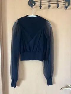ブラック シフォンニット クロップドトップス