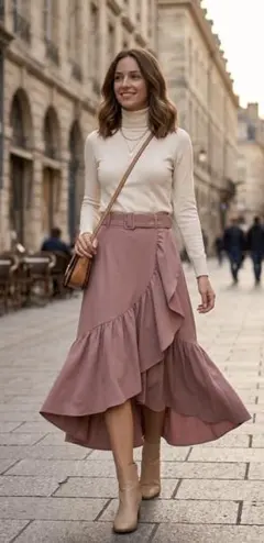 アシンメトリーフリルスカート ベルト付き くすみピンク